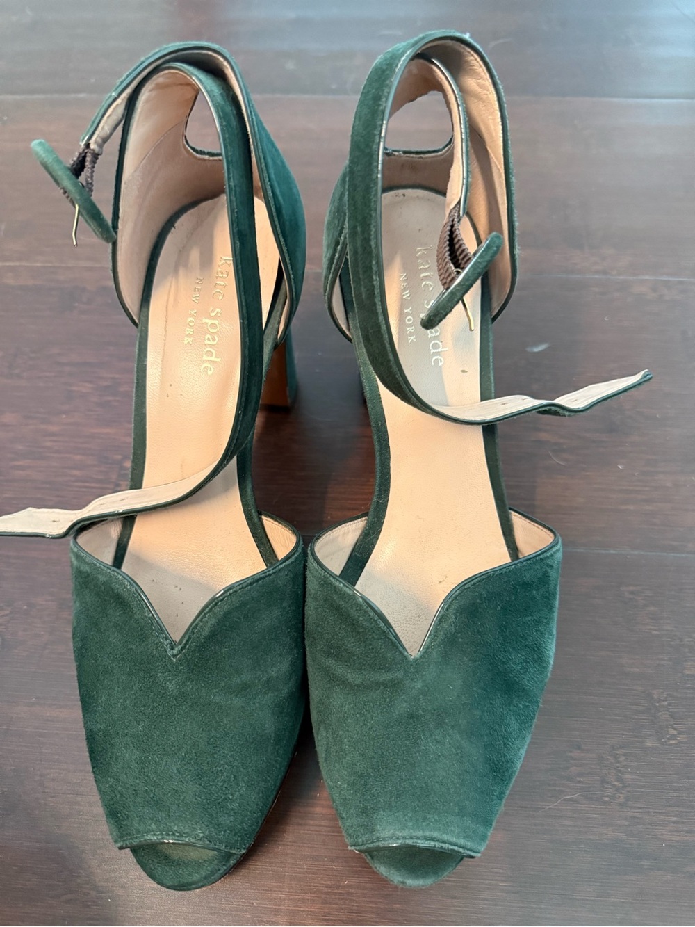 kate spade Dark Green Suede Ankle-Strap Peep-Toe Heels